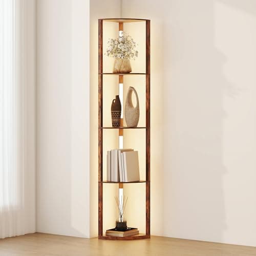 Image of HOMCOM LED Floor Lamp with Shelves, 4 Layers Dimmable Modern Standing Lamp with 3 Brightness Levels and Foot Switch for Living Room, Bedroom, Office, Rustic Brown