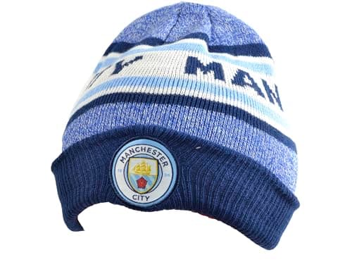 Image of Team Direct Manchester City FC Turn Up Melange Knitted Beanie Hat, Sky Blue, Navy and White Striped