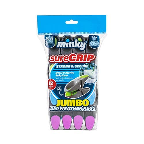 Image of 12 Minky Sure Grip Jumbo Clothes Pegs. Extra Large and Weather Resistant. For duvets, sheets and heavy bulky item drying