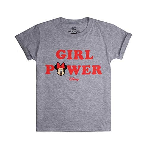 Image of Disney Girl's Minnie Mouse - Girl Power T Shirt, Grey (Grey Heather Hgy), 9-10 Years UK