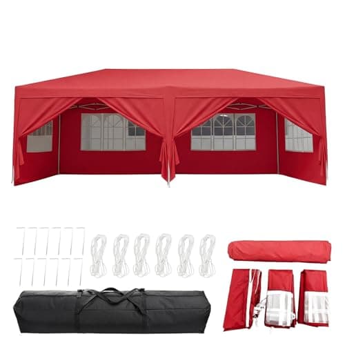 Image of Panana Pop Up Gazebo with Side Panels, 6x3m, Waterproof Canopy Tent with Windows, 3 Height Adjustable Levels, Carry Bag Included (Red)