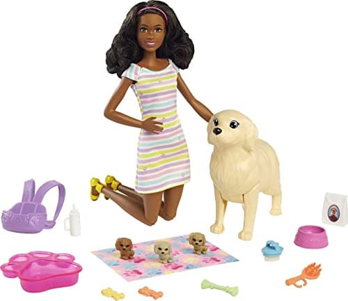 Image of Barbie Doll and Accessories Playset with Brunette Doll, Mommy Dog, 3 Puppies and 11 Pieces, Newborn Pups Set, HCK76