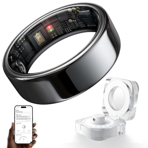 Image of HOU AI Smart Ring for Women & Men, Fitness Tracker & Health Monitor, Sleep Tracking & Stress Insights, Heart Rate & SpO2, 5ATM Waterproof Ceramic, Charging Case, Black, US Size 6