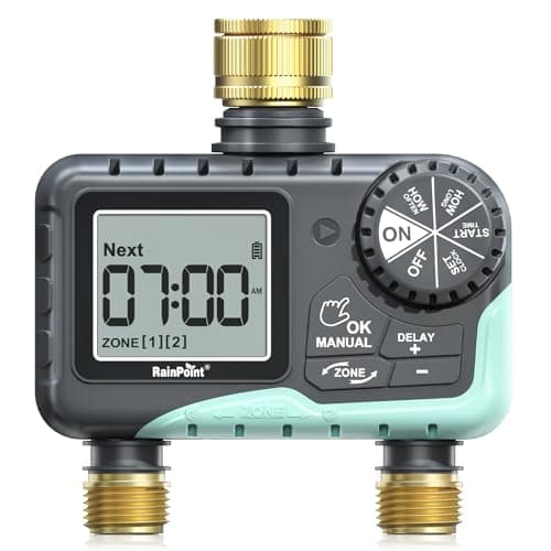 Image of RAINPOINT Water Timer 2 Outlets, IP65 Waterproof Garden Hose Irrigation Timer with Brass Inlet & Outlet, Rain Delay/Manual Watering, Automatic Irrigation System for Lawn, Yard