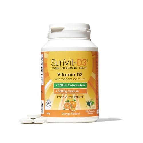 Image of SunVit-D3 Vitamin D3 200IU with Added Calcium Tablets - Calcium and Vitamin D Tablets 500mg Support The Maintenance of Bone, Teeth, Muscle & Immune System - 100 Orange Chewable Calcium Tablets