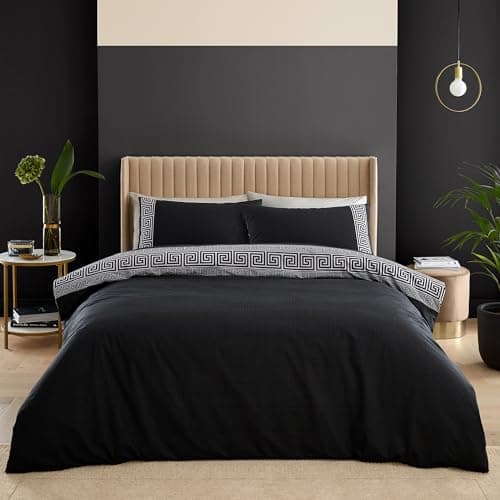 Image of Catherine Lansfield Artemis Greek Key Reversible Double Duvet Cover Set with Pillowcases Black