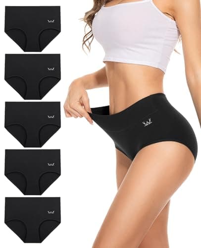 Image of PULIOU Womens Knickers Ladies High Waisted Cotton Underwear Panties Briefs Full Back Coverage Comfy Stretchy Slight Tummy Contorl Multipack of 5,black,XL