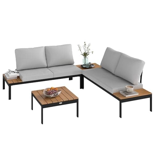 Image of Outsunny 4 Piece L Shaped Garden Furniture Set, 4 Seater Garden Corner Sofa Set, 2 Loveseats with Removable Backs, 2 Wood-Plastic Coffee Tables and Thick Cushions for Outdoor, Teak