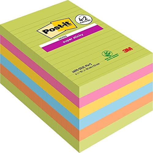 Image of Post-it Super Sticky Large Notes, Lined, 540 Sheets, 101 mm x 152 mm - Holds Strong to Many Surfaces - Bright Colours - For Walls, Monitors and Fridge, Recycable