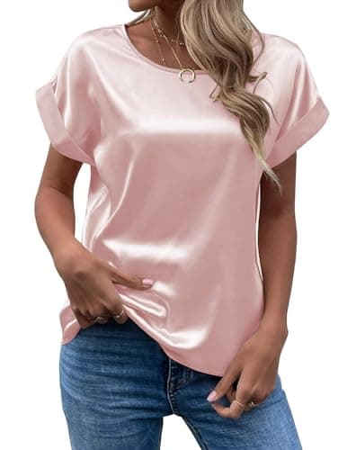 Image of MINTLIMIT Womens Short Sleeve Satin Silk Blouse Rolled Round Neck Summer Casual Office Work Shirt 2024, Pink