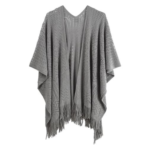 Image of Makroyl Women Knit Wrap Shawl Cape Ladies Knitted Scarf Tassel Open Poncho Cardigan (Grey)