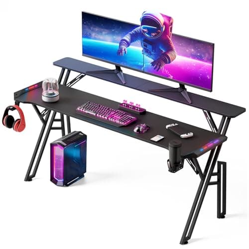 Image of Warmiehomy Gaming Desk with LED Lights, RGB Gaming Table with Voice Control Mode and Music Sync, 160 x 60cm Computer Desk with Headphone Hook, Cup Holder and Mouse Pad, Black