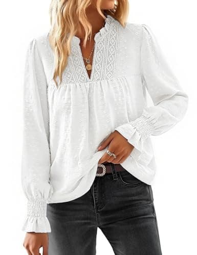 Image of Fashora Women Tops Long Sleeve V Neck Sweet Loose Blouses Pleated Puffle Ruffled Sleeve Loose Fit Elegant Ladies Shirts for Spring, Summer, Autumn, White, M
