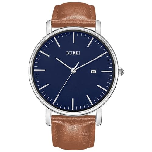 Image of BUREI Men's Watches, Classic Analogue Dial with Date Japanese Quartz and Ultra-Thin Stainless Steel Mesh Band (Blue and Brown, Leather)