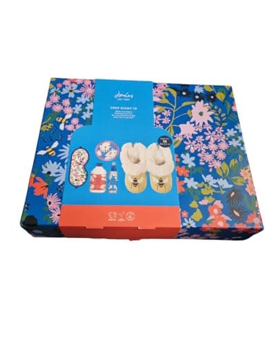 Image of Joules-London Cosy Night In Gift Set, Floral Eye Mask, Bath Soak 250ml, Pillow Mist 100ml, Body Soufflé 200ml and Plush Slippers, Size M