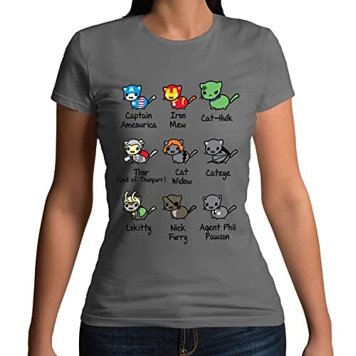 Image of Womens Kitty Cat Vengers A Super Hero Characters Funny Parody T-Shirt Charcoal Grey UK 12-14 (XL)