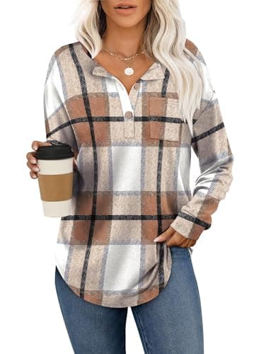 Image of Aokosor Womens Sweatshirts Ladies Jumpers for Women UK Long Sleeve Tops Ladies Buttons Sweatshirts Plaid Pattern Size 14-16