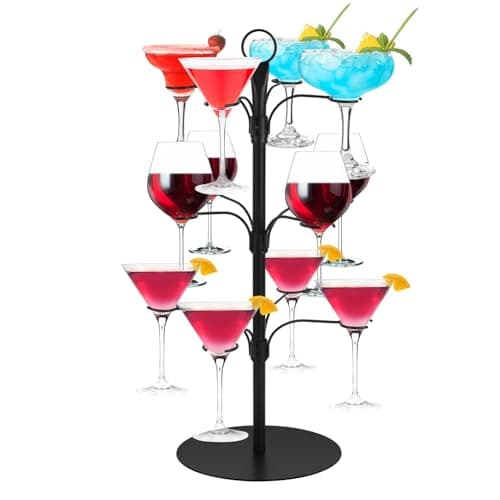 Image of Kytree 3 Tier Cocktail Tree Stand, Champagne Tower Metal Wine Rack with 12 Holders for Champagne Cocktails Martini Margarita Cups