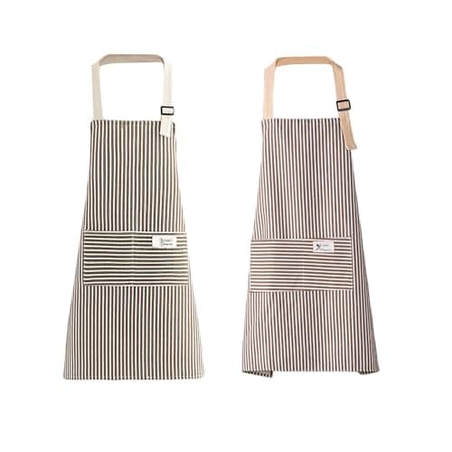 Image of LUVDECO 2-Pack Striped Cotton Linen Aprons for Women & Men Adjustable Bib Apron with 2 Pockets for Cooking Kitchen Chef BBQ Baking Cafe Restaurant DIY