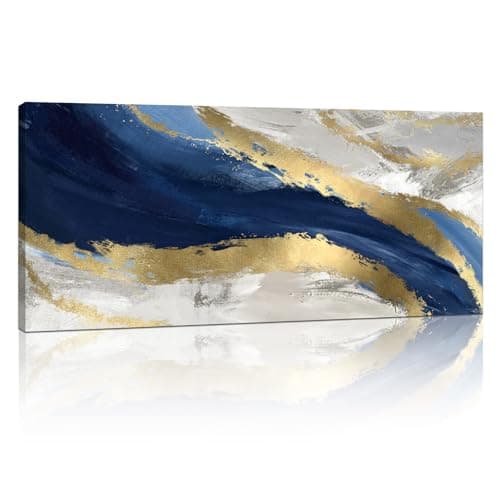 Image of FajerminArt Large Framed Abstract Canvas Wall Art, Blue and Gold Marble Pattern Wall Pictures Teal Blue Gray Canvas Painting on Print Canvas Poster Decor for Living Room Bedroom Ready To Hang 120x50cm