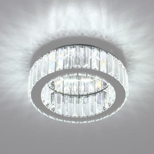 Image of Kinhoou Modern Crystal Chandelier Ceiling Lights,24W Small Round LED Crystal Ceiling Lamp with Stainless Steel Base Flush Mount Chandeliers Lighting Fixtures Bedroom Dining Room, 6500K