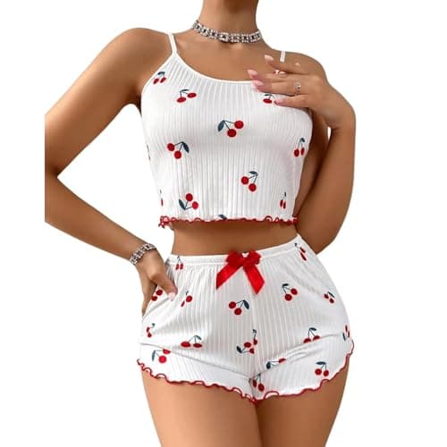 Image of Women's 2 Pieces Strawberry Print Pajama Set Camisole and Shorts Nightwear Ruffled Sexy Pyjama Sets Comfy Soft Ribbed Fabric Sleeveless Pjs Sets (UK, Alpha, M, Regular, Regular, White-Cherry)