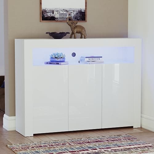 Image of Vida Designs Nova 3 Door Modern LED Sideboard in White, RGB Lights (Fade/Strobe Options Included), High Gloss