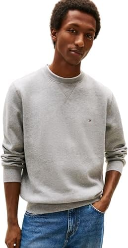 Image of Tommy Hilfiger Men’s Essential Crew Neck Regular Fit Fleece Sweatshirt, Grey (Medium Grey Heather), XS