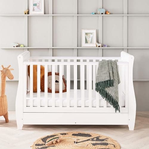 Image of Babymore Stella Sleigh Cot Bed White - Drop Side Cot Bed Without Mattress, Baby Cot Bed With Teething Rail & Drawer, Convertible to Toddler Bed & Sofa, 3 Adjustable Bed Base Positions | Up to 5 Years