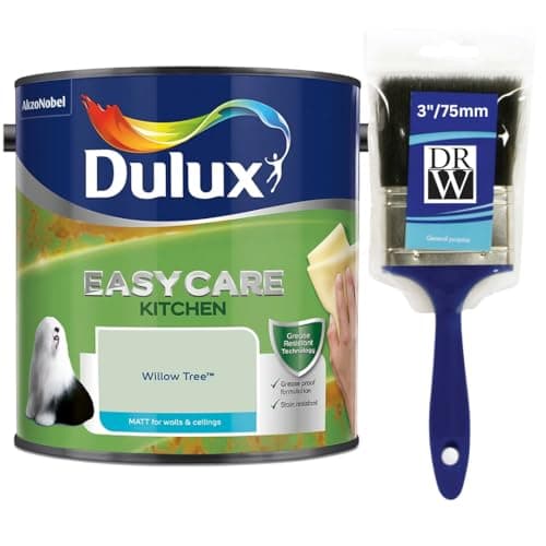 Image of Willow Tree Dulux Easycare Kitchen Matt Emulsion Paint 2.5L + 3" Emulsion Paint Brush – Grease & Stain Resistant, Washable Matt Finish, Durable Interior Paint for Kitchen Walls & Ceilings