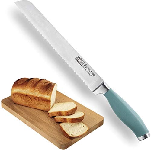 Image of Taylors Eye Witness Syracuse Scalloped Bread Kitchen Knife - Professional 20cm/8” Cutting Edge, Multi Use. Ultra Fine Blade, Precision Ground Razor Sharp. Soft Textured Grip. Aqua Blue Handle.