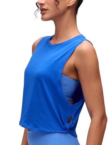 Image of CRZ YOGA Pima Cotton Summer Gym Sleeveless Vest Tops for Women Light Elastic Running Crop Top Loose Crew Neck Yoga Shirt Strong Blue 10