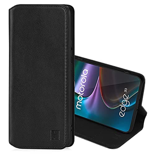 Image of 32nd Classic Series 2.0 - Real Leather Book Wallet Flip Case Cover For Motorola Moto Edge 30, Real Leather Design With Card Slot, Magnetic Closure and Built In Stand - Black