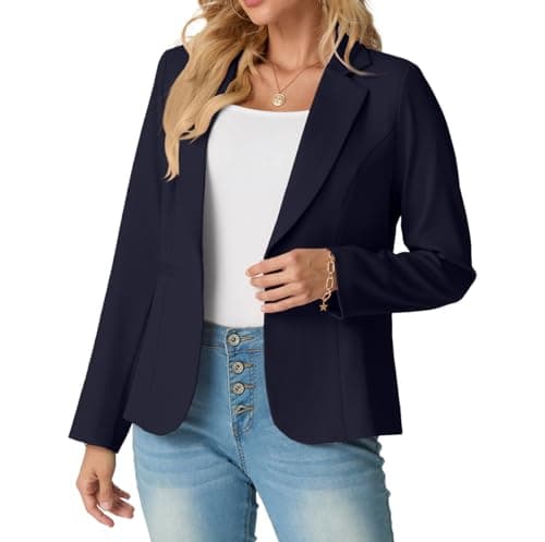 Image of GRECERELLE Womens Blazer Suit Long Sleeve Ladies Jackets Casual Elegant Work Office Blazers Work,Wedding with Buttons Pockets for Women UK 8-20 (Navy Blue, 14)