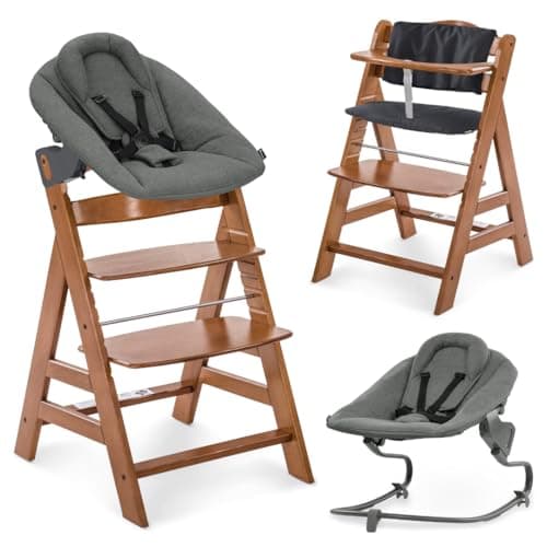 Image of hauck Alpha+ Highchair Newborn Set Premium Bouncer Dark Grey – Adjustable Wooden Highchair from Birth incl. Newborn Attachment and Seat Cushion – Walnut
