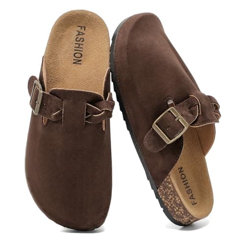 Image of Suede Clogs for Women's,Leather Mules Mens Closed Toe,Adjustable Buckle Comfort Slippers,Soft Cork Footbed Sandals with Arch Support,Anti Slip Brown