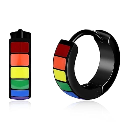 Image of feilok rainbow Stud Earrings for Women Men Stainless Steel Earrings Studs Piercing Huggie Ear Jewelry black