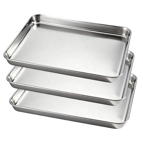 Image of 3 Piece Small Stainless Steel Baking Tray Set Mirror Finish Cookie Sheet Pans, Non Toxic & Healthy for Baking/Cooking/Serving, Dishwasher Safe for Easy Cleanup