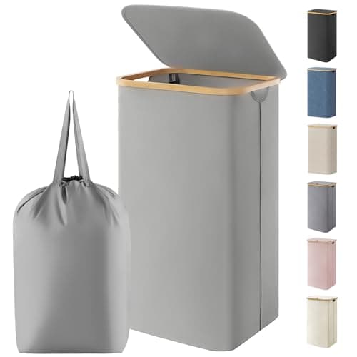 Image of Lifewit 100L Laundry Basket with Lid, Dirty Clothes Bin with Bamboo Handles and A Removable Bag, Large Foldable Washing Basket for Bedroom, Bathroom, Dorm, Laundry Room, Silver Gray