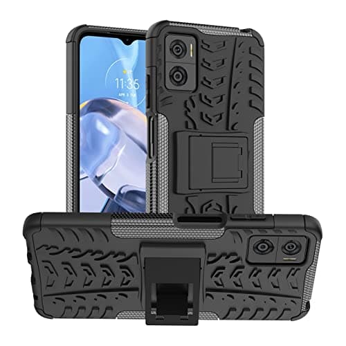Image of iCatchy for Motorola Moto E22 Case, Heavy Duty Hard Tough Dual Layer Hybrid Kickstand Shockproof Cover compatible with Motorola E22 Phone Case (Black)