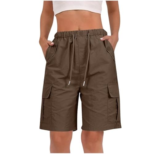 Image of RLEHJN Cargo Shorts Women UK Clearance, Ladies Bermuda Shorts Baggy Short Cargo Pants with Multiple Pockets Summer Drawstring Elasticated Waist Half Pants for Outdoor Hiking Work Travel Golf Coffee
