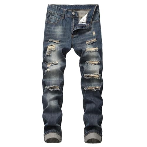 Image of Jeans Men's Slim Fit Stretch Ripped Skinny Jeans Distressed Destroyed Jeans Regular Straight Leg Denim Trousers Fashion Comfort Jeans Teenager Casual Skinny Designer Casual Trousers, O dark blue., 32