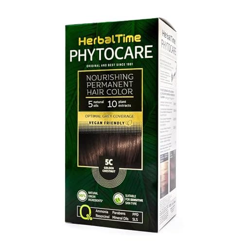 Image of Herbal Time Phytocare Permanent Hair Dye Color Golden Chestnut 5C | Professional Natural Hair Dye Kit | Nourish and Protect Your Hair | Ammonia, PPD and SLS Free | 124.5 ml