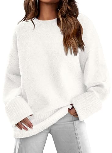 Image of Jhsnjnr Womens Warm Knitted Jumpers Baggy Crew Neck Sweater Drop Shoulder Long Sleeve Oversized Chunky Sweater White