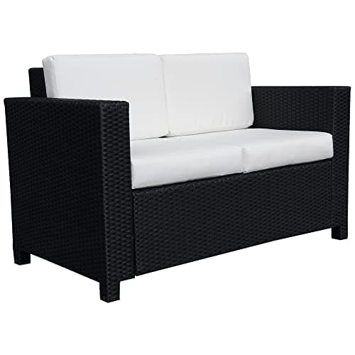 Image of Outsunny Rattan Sofa, 2 Seater Garden Furniture with Soft Padded Cushion and Armrests, Wicker Garden Loveseat for Patio, Black