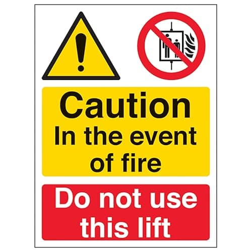 Image of V Safety Caution In The Event Of Fire Do Not Use This Lift - Portrait 150 x 200 mm - Glow In The Dark 1mm Rigid Plastic Safety Sign
