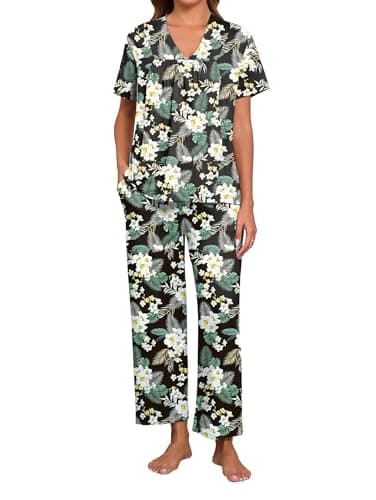 Image of Famulily Ladies Spring-Summer Pyjama Sets V Neck Loungewear Soft Pjs 2 Piece Sleepwear Floral Print Nightwear for Women UK Blue S