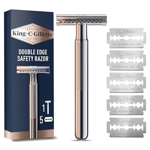 Image of King C. Gillette Double Edge Safety Razor, Platinum Coated Blades, Classic Safety Razor for Smooth Shaving, Traditional Wet Shave Razor with 5 Replacement Blades for Men
