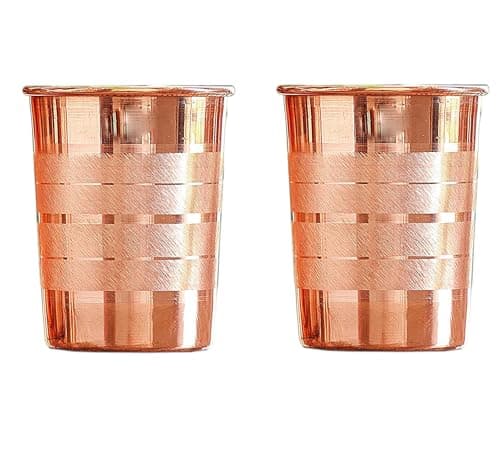 Image of zig zag Pure Copper Drinking Glass Set of 2 –Striped Design 300ml Ayurvedic Tumblers for Milk, Water & Juice (4 Inch)