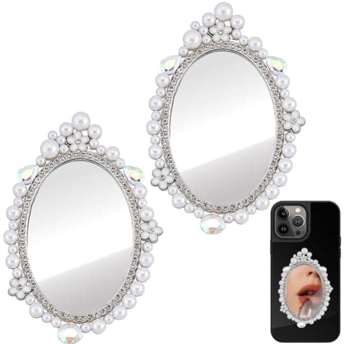 Image of SUNNYCLUE 1 Box 2Pcs Mirror Phone Charm Mirror Decal Phone Oval Glass Small Silver White Rhinestones Imitation Pearl with Double-sided Stickers Makeup Charms for Smartphone Back Case DIY Women Adults